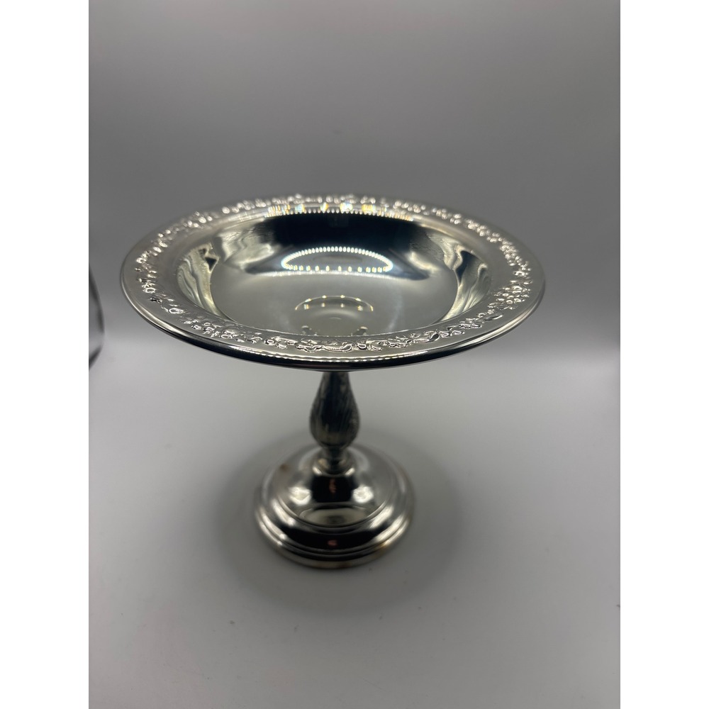 Sheridan Silver Plated Pedestal Compote Dish Floral Embossed Rim Footed Bowl